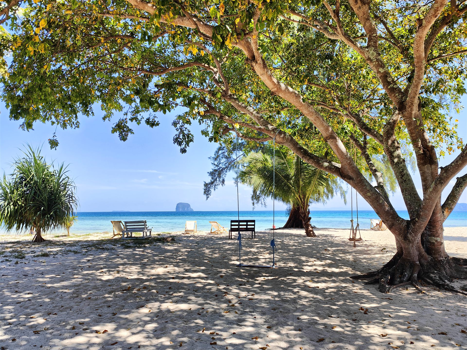 Traumstrand auf Koh Phayam – Hängeschaukel unter Bäumen mit Blick aufs türkisblaue Meer